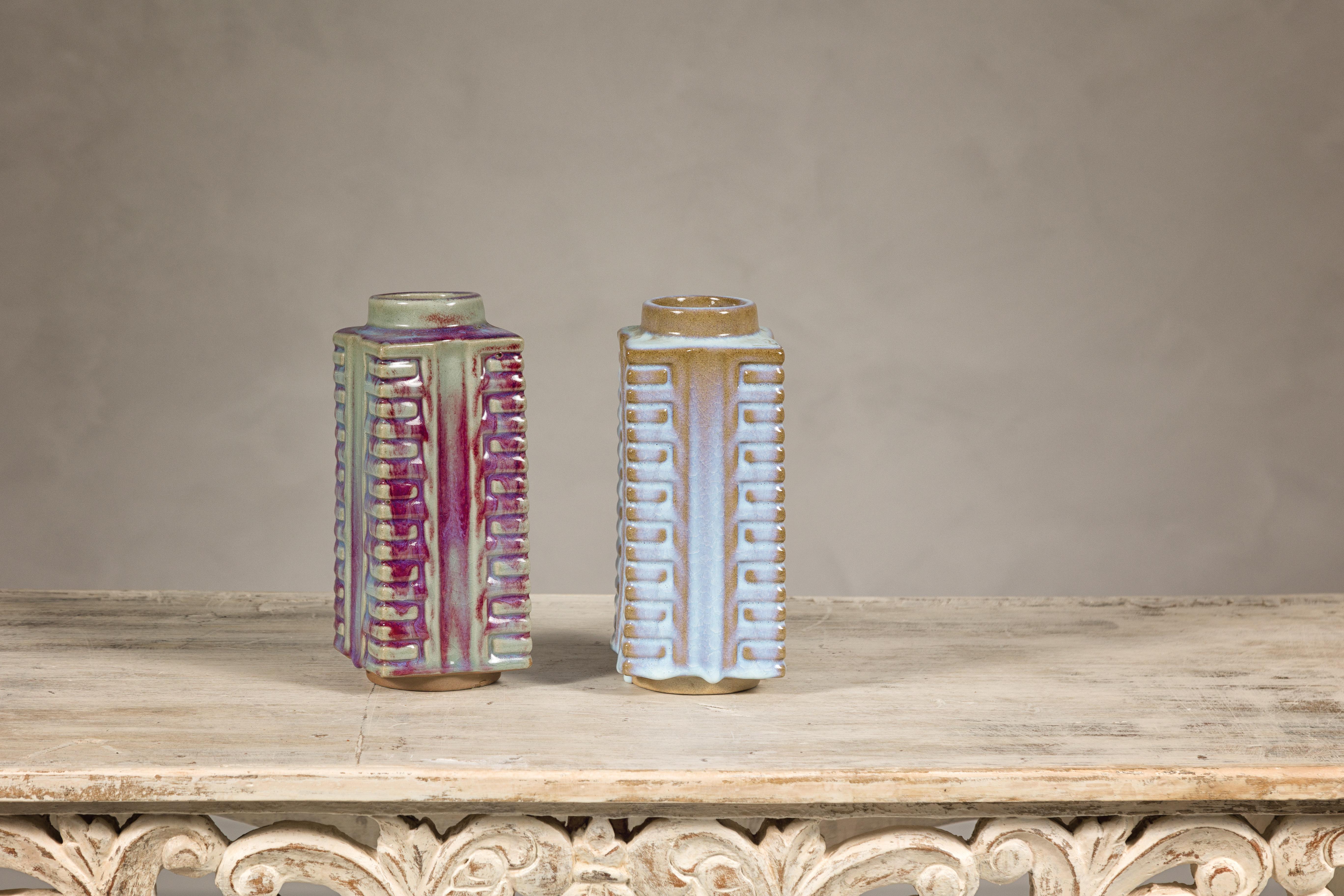 Quadrangular Flambé Vases Inspired by Neolithic Ritual Cong Objects, Sold Each For Sale 10