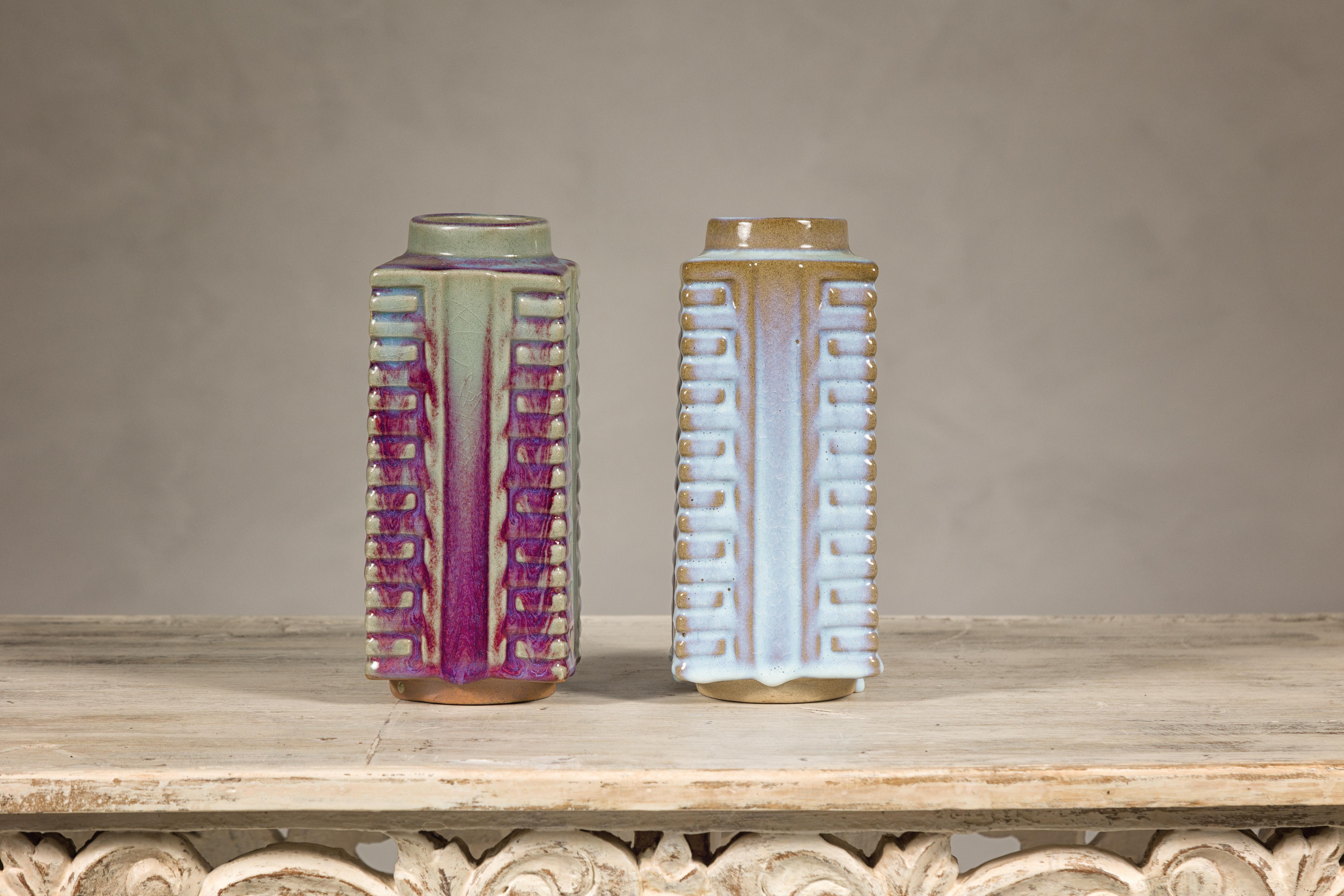 Chinese Quadrangular Flambé Vases Inspired by Neolithic Ritual Cong Objects, Sold Each For Sale