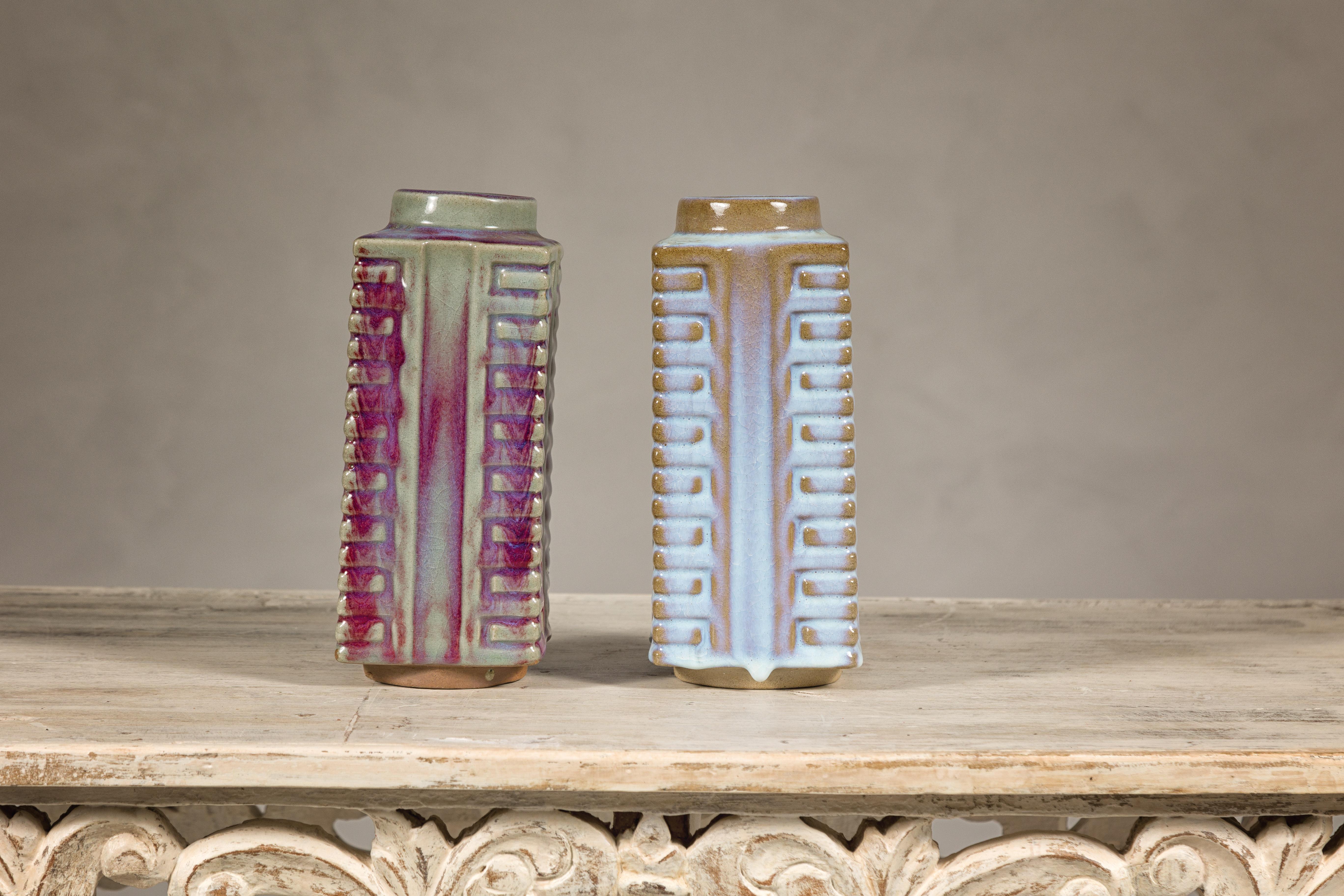 Glazed Quadrangular Flambé Vases Inspired by Neolithic Ritual Cong Objects, Sold Each For Sale