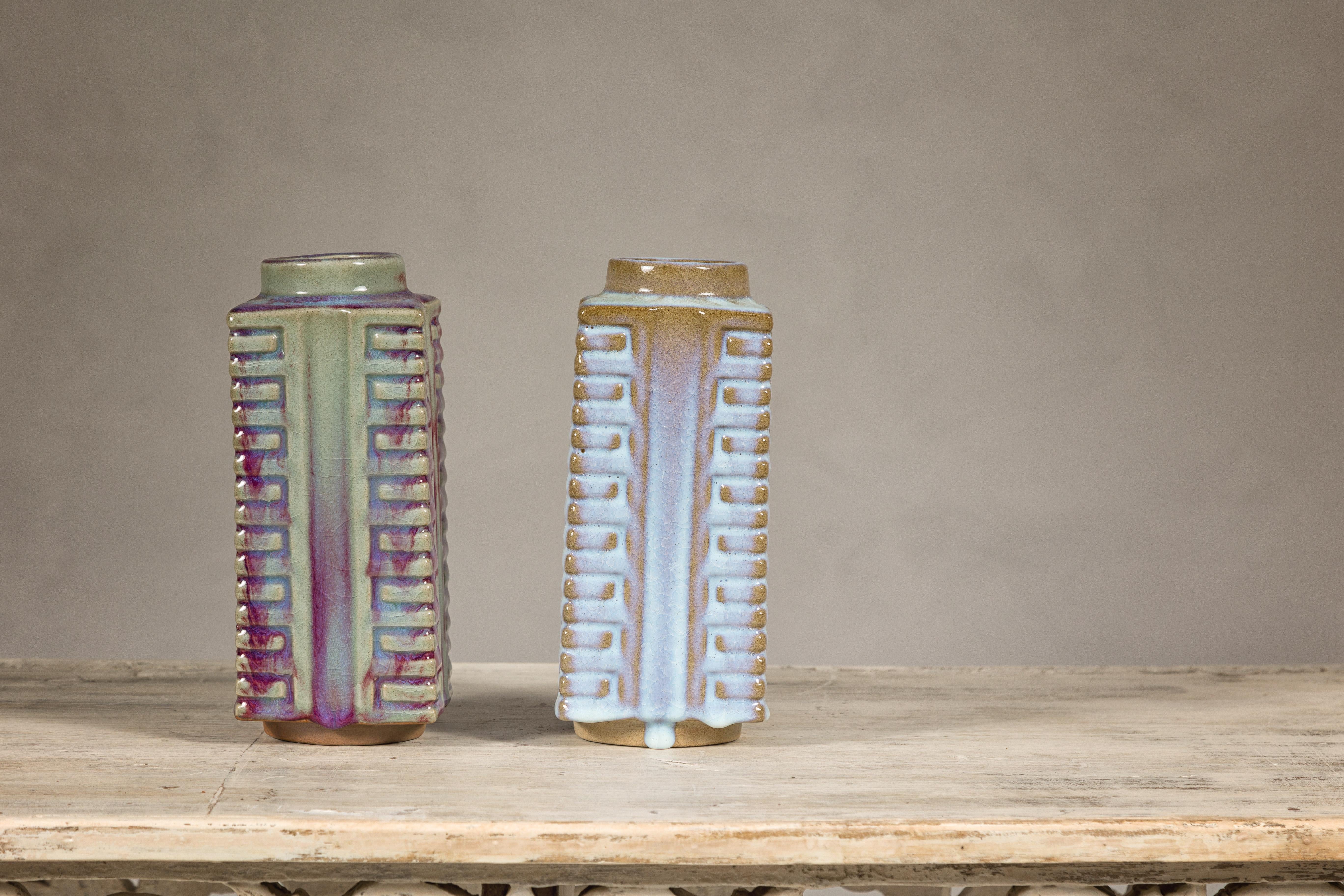 20th Century Quadrangular Flambé Vases Inspired by Neolithic Ritual Cong Objects, Sold Each For Sale