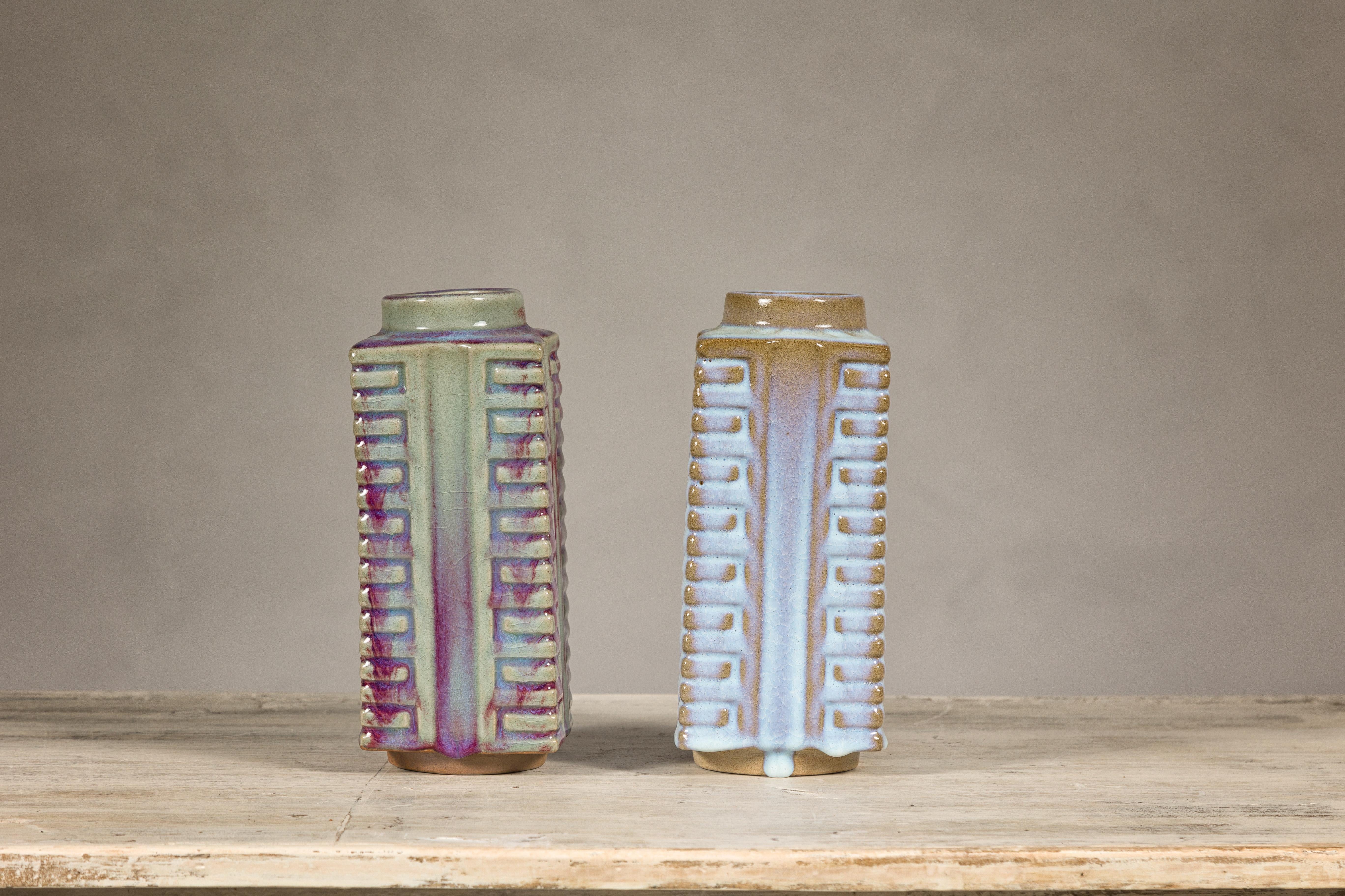 Ceramic Quadrangular Flambé Vases Inspired by Neolithic Ritual Cong Objects, Sold Each For Sale