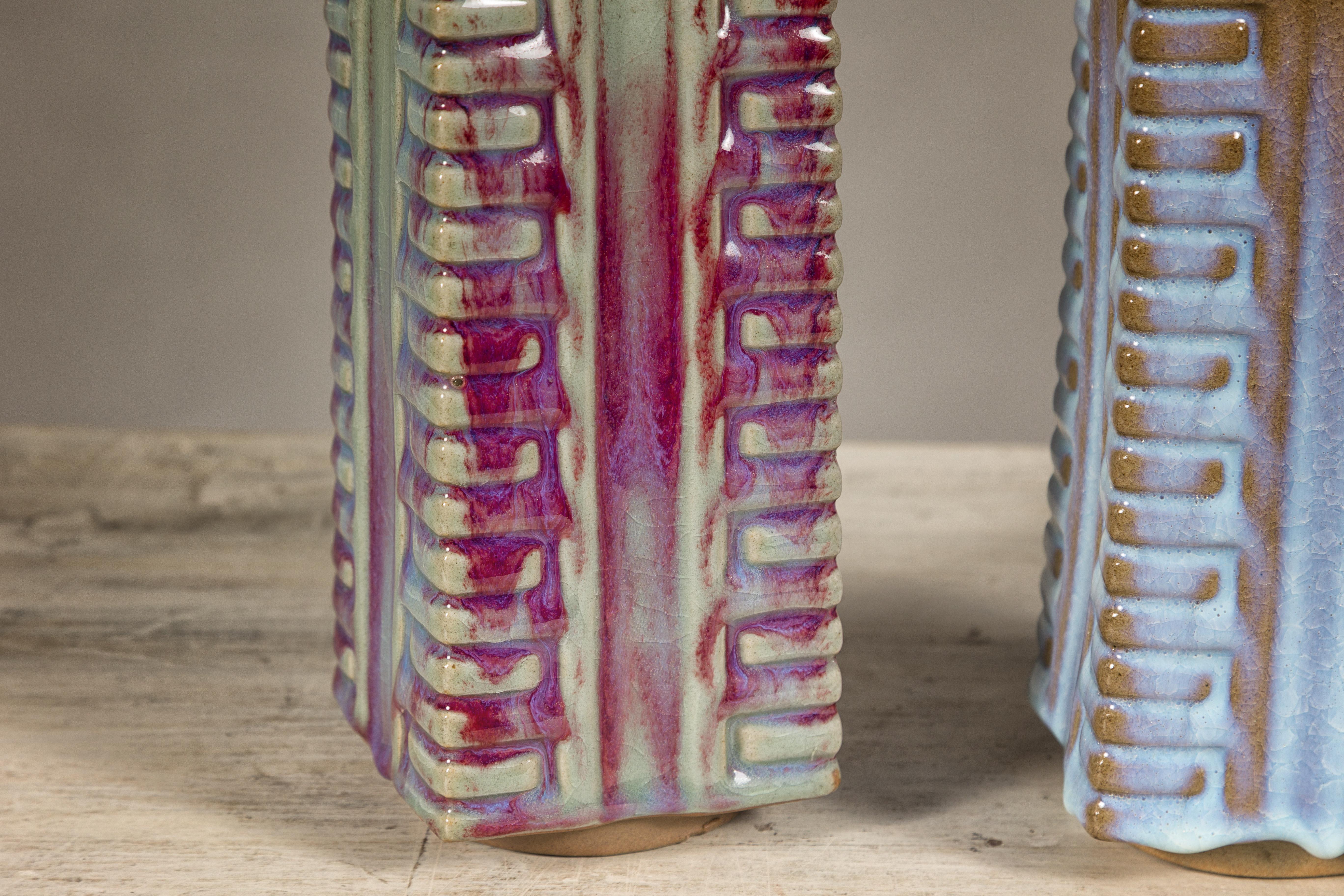 Quadrangular Flambé Vases Inspired by Neolithic Ritual Cong Objects, Sold Each For Sale 2