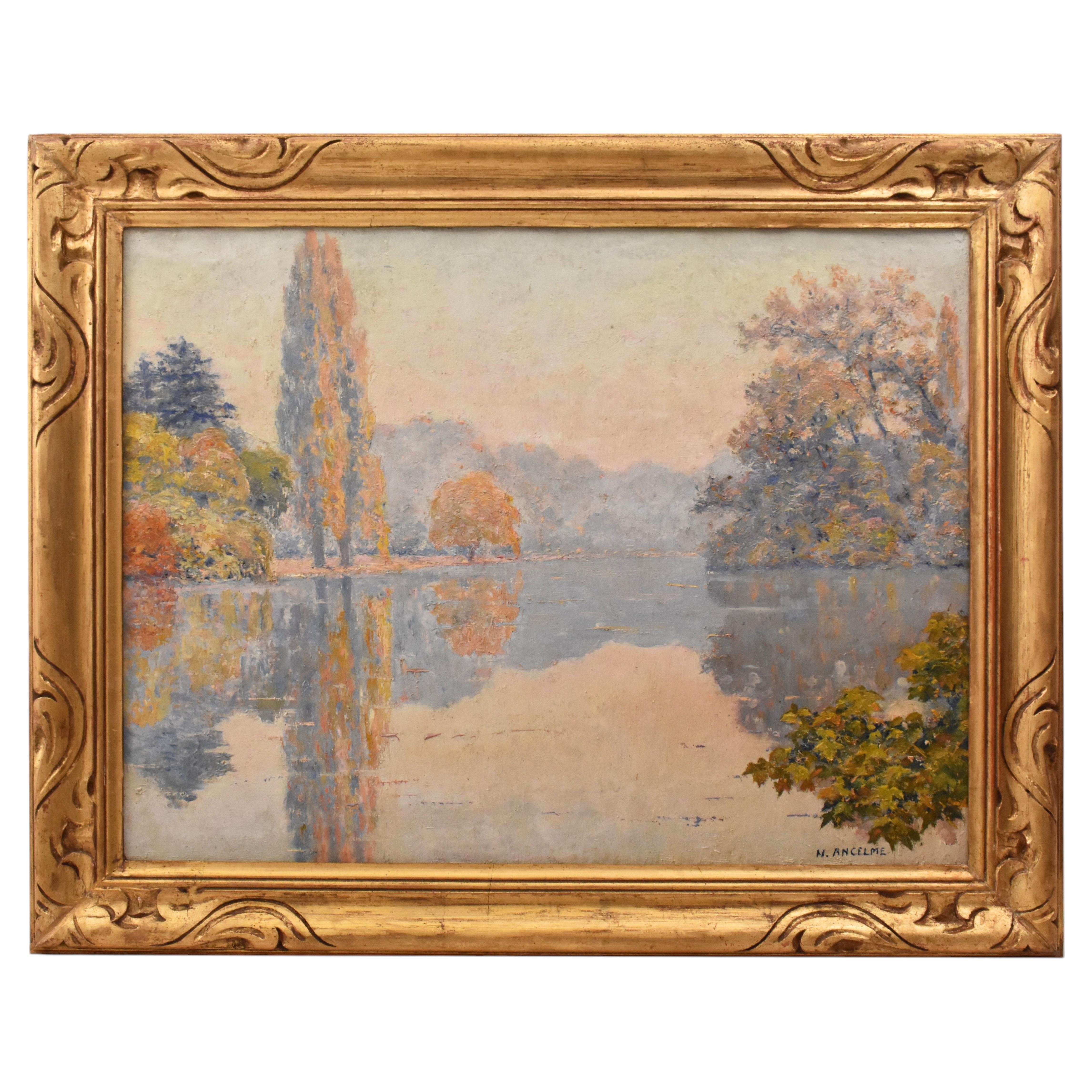 Antique Paintings Featuring Lake Landscapes, Oil on Canvas, Early 20th Century