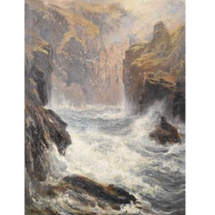 Antique paintings, Cornwall, marina with rocks and seagulls, 19th century era.