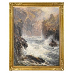 Quadri antichi, Cornovaglia, marina con scogli e gabbiani, epoca Ottocento.