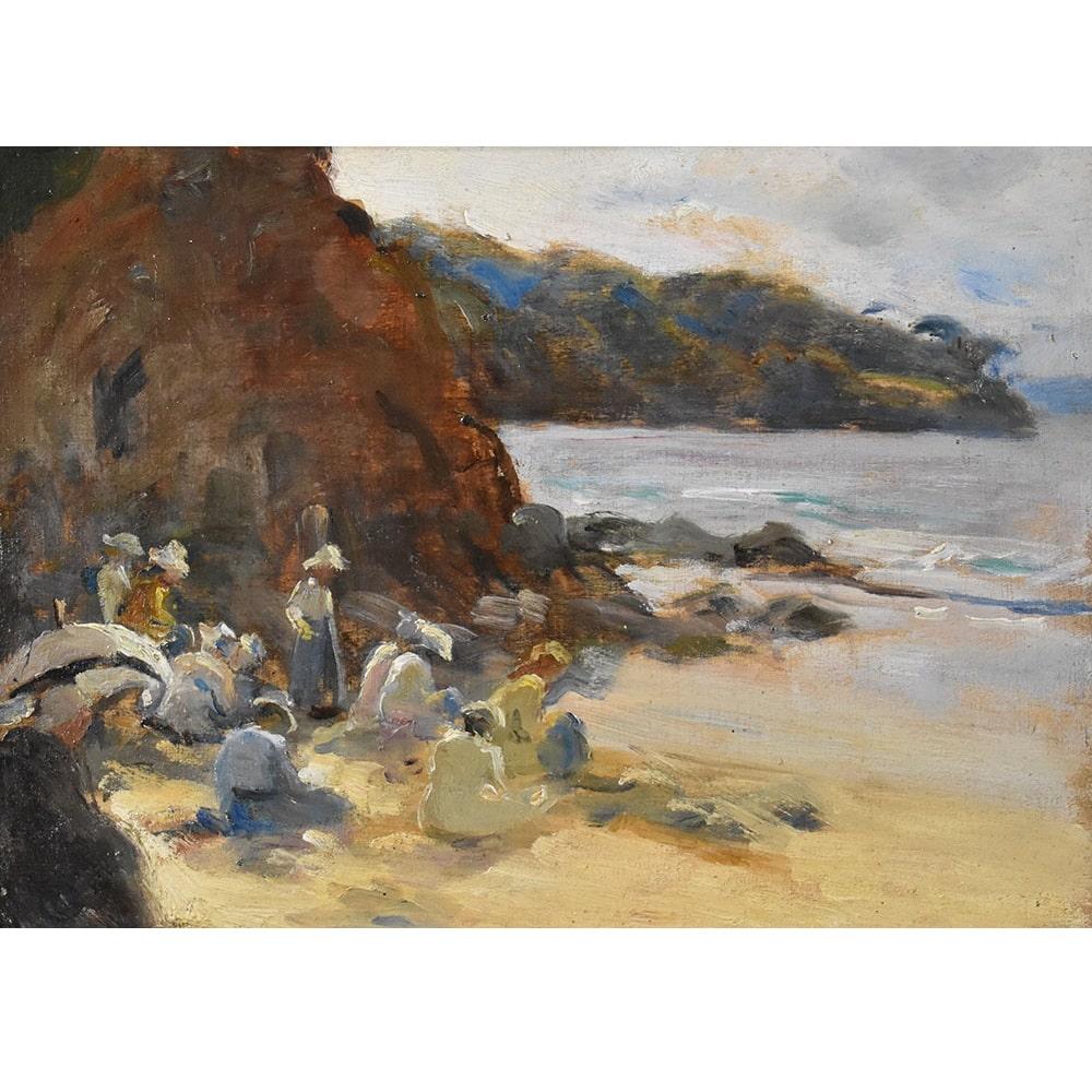 Die Kategorie der antiken Gemälde, Quadri Mare, bietet einen Blick auf Marina mit Costa Rocciosa

und einen Strand, an dem es Frauen gibt. 

Das Werk zeigt eine Ansicht des Meeres mit Menschen im Urlaub.

Es handelt sich um ein Ölgemälde auf Tafel