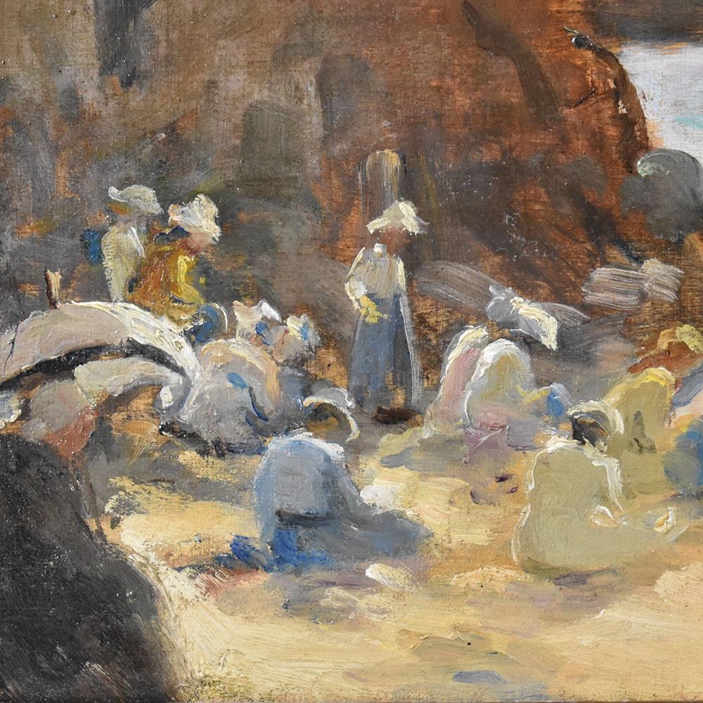 Gemälde Alter Meister, Küste mit Strand und badenden Frauen, Öl auf Karton, 19. (Napoleon III.) im Angebot