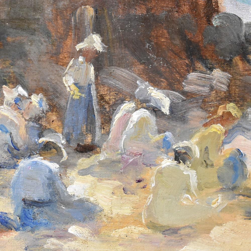 Gemälde Alter Meister, Küste mit Strand und badenden Frauen, Öl auf Karton, 19. (French) im Angebot