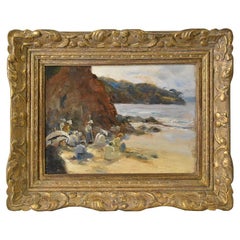 Antique Paintings, Coast With Beach And Bathing Women, Oil On Board, 19th.