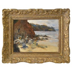 Tableaux de maîtres anciens, Côte avec plage et baigneuses, huile sur carton, 19e.