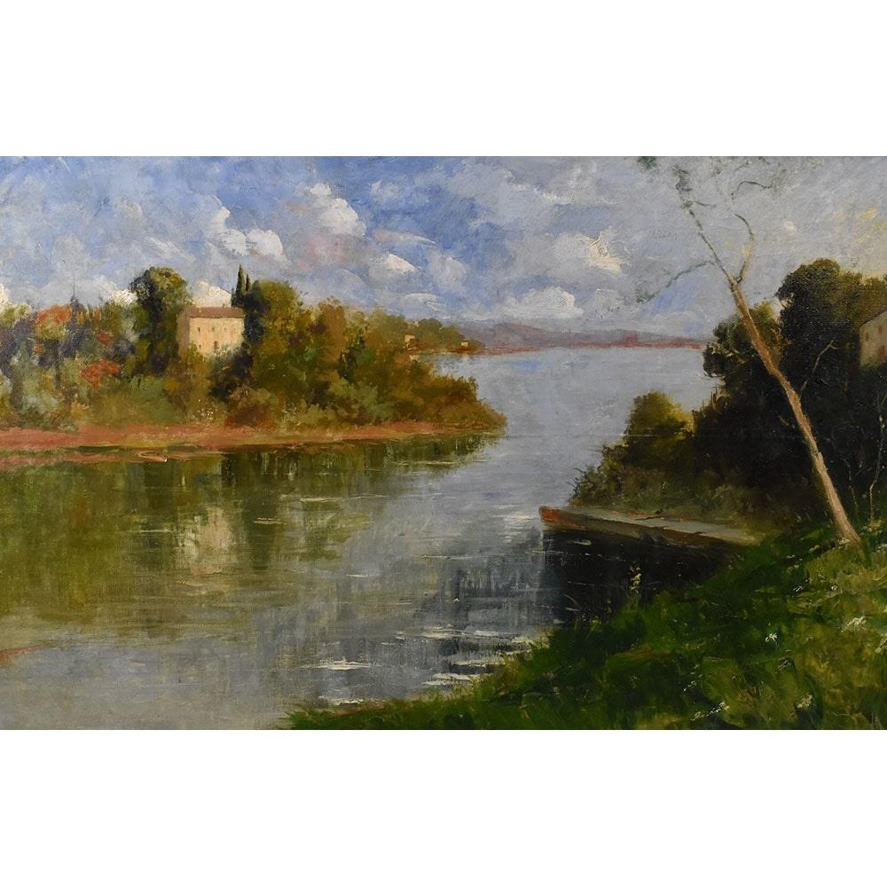 La categoria dipinti antichi, Quadri Paesaggi con Fiume, qui proposto è una pittura a olio su tela, del XX secolo. 

Si tratta di un quadro antico, di epoca Novecento anni 50, che rappresenta un paesaggio con una ansa di fiume

e illuminato dalla