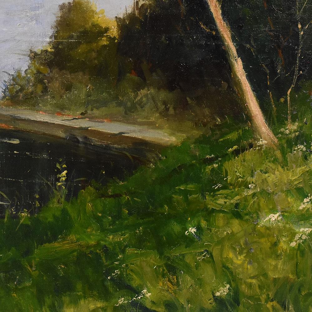 Altro Quadri Antichi Del Novecento, Dipinto Paesaggio Con Fiume, Olio Su Tela, XX. in vendita
