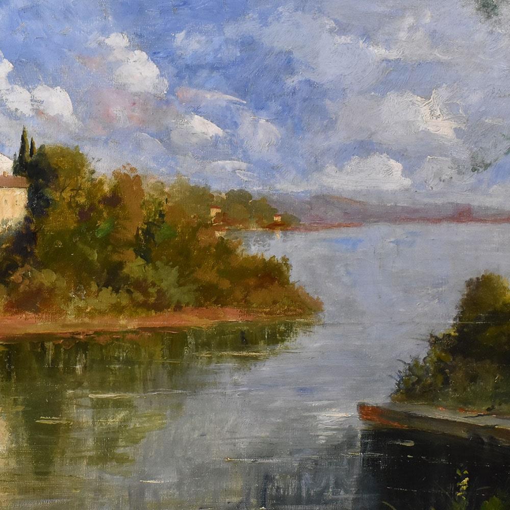 French Quadri Antichi Del Novecento, Dipinto Paesaggio Con Fiume, Olio Su Tela, XX. in vendita