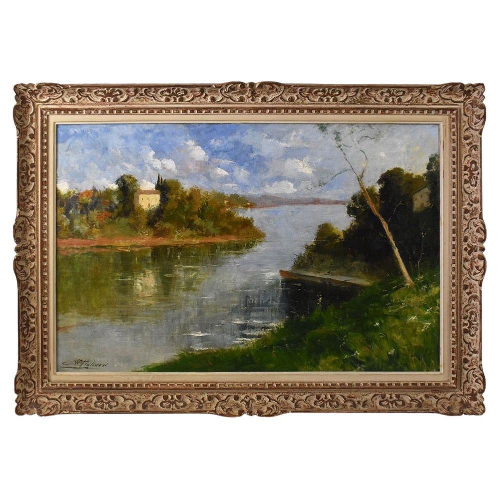 Quadri Antichi Del Novecento, Dipinto Paesaggio Con Fiume, Olio Su Tela, XX.