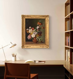 Quadri Antichi Di Fiori Con Peonie, Natura Morta Floreale, Olio Su Carta, XIX