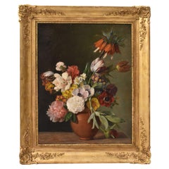 Quadri Antichi Di Fiori Con Peonie, Natura Morta Floreale, Olio Su Carta, XIX