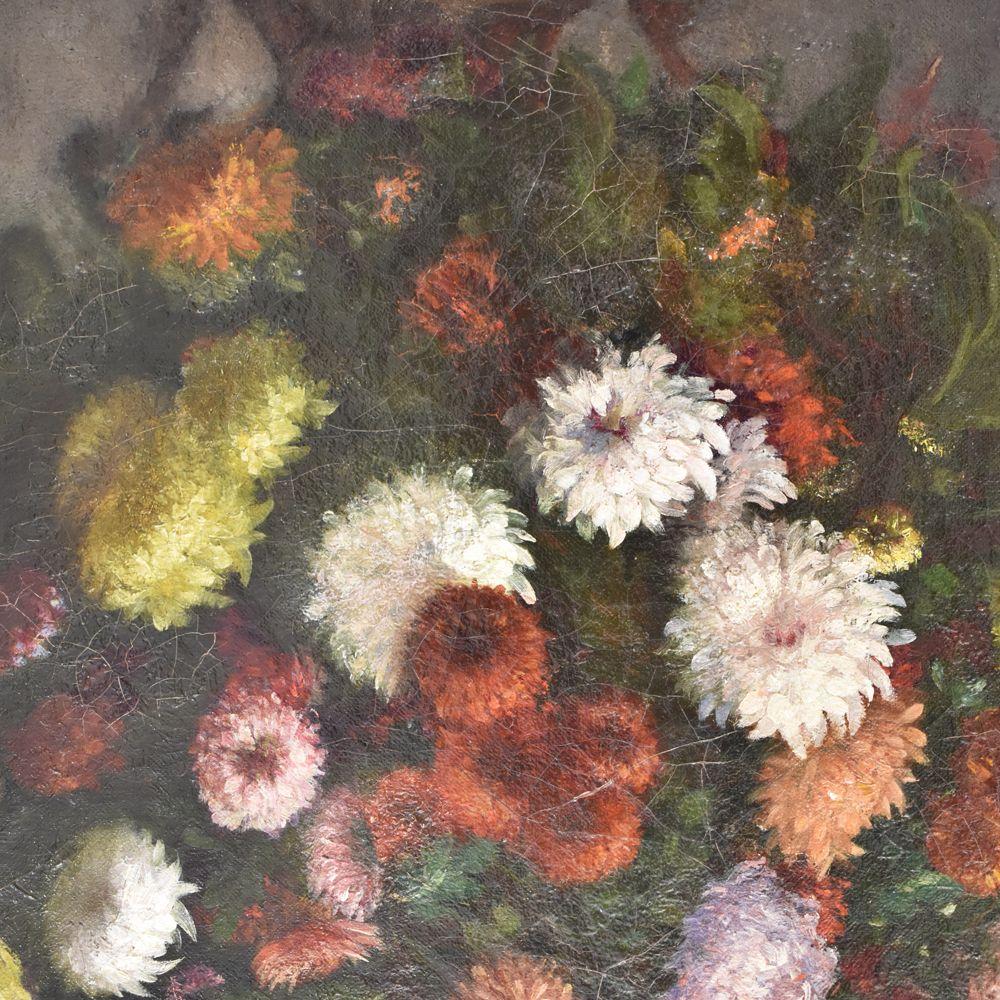 Italian Quadri Antichi Di Fiori, Olio Su Tela, Natura Morta Con Vaso Di Crisantemi, XIX. in vendita