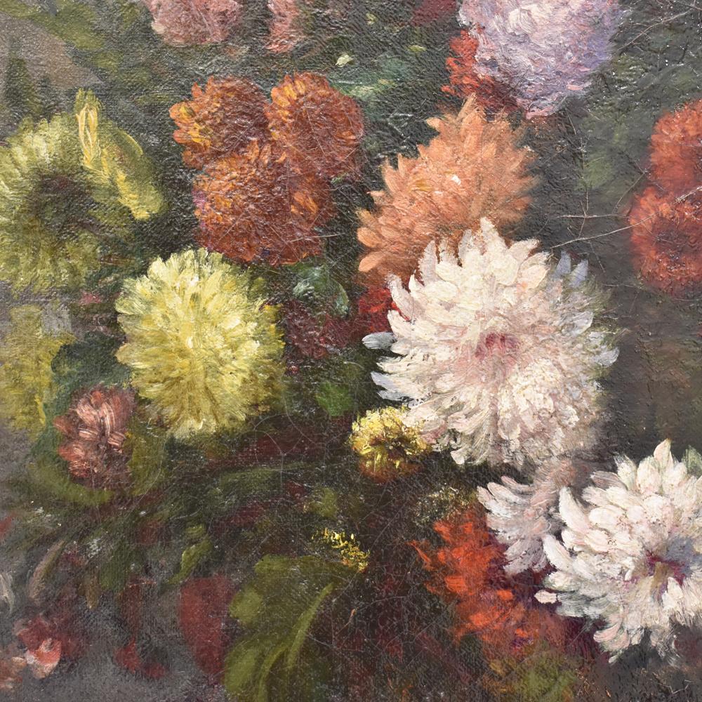 A olio Quadri Antichi Di Fiori, Olio Su Tela, Natura Morta Con Vaso Di Crisantemi, XIX. in vendita