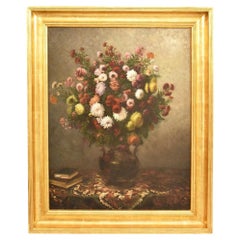 Quadri Antichi Di Fiori, Olio Su Tela, Natura Morta Con Vaso Di Crisantemi, XIX.