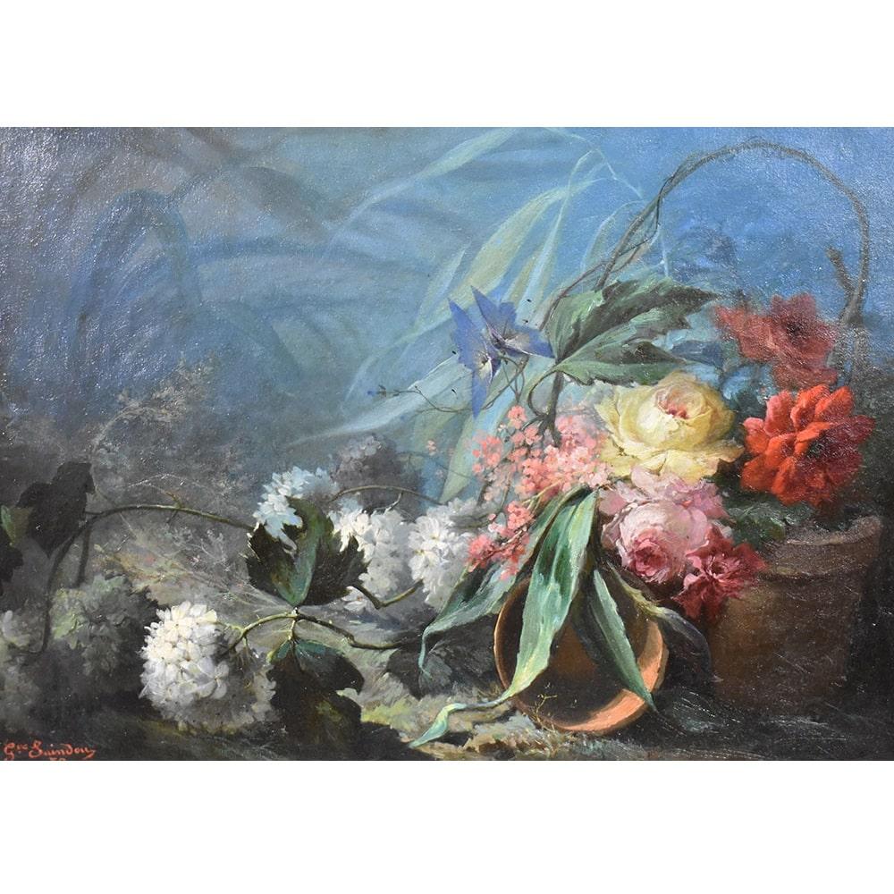 Die Kategorie Antike Blumengemälde zeigt ein Ölgemälde auf Leinwand, ein Stillleben aus dem späten 19.

Es handelt sich um ein angenehmes Stilleben, das verschiedene Blumenarten, Dahlien, Rosen und Hortensien in verschiedenen Farben mit