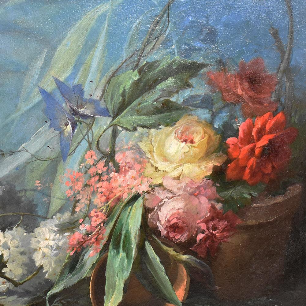 Napoleon III Antique Paintings Of Flowers, Oil On Canvas, Still Life, Dahlias, Roses and Hydrangeas, 19th For Sale