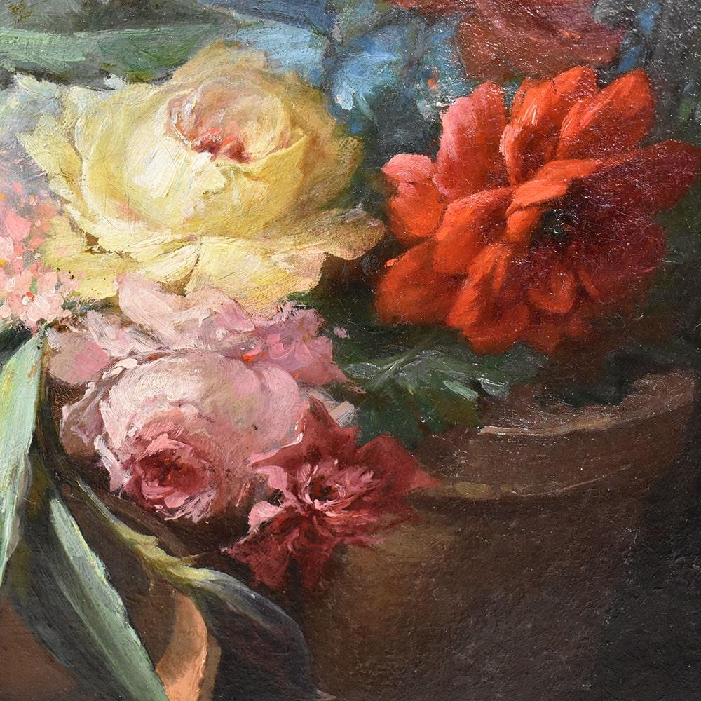 French Antique Paintings Of Flowers, Oil On Canvas, Still Life, Dahlias, Roses and Hydrangeas, 19th For Sale