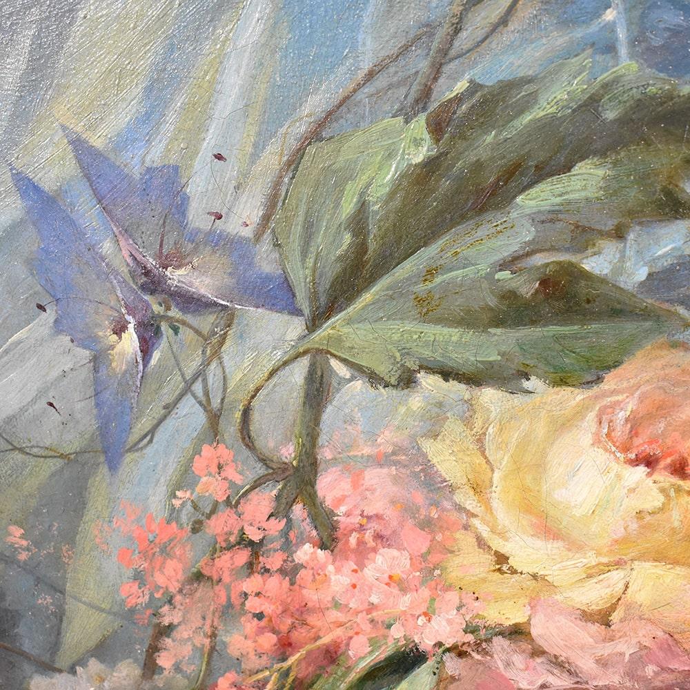 Oiled Antique Paintings Of Flowers, Oil On Canvas, Still Life, Dahlias, Roses and Hydrangeas, 19th For Sale