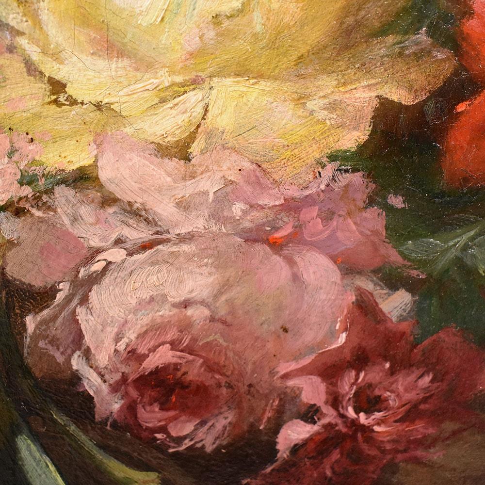 Alte Blumengemälde, Öl auf Leinwand, Stillleben, Dahlien, Rosen und Hortensien, 19 im Angebot 1