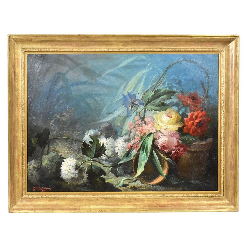 Alte Blumengemälde, Öl auf Leinwand, Stillleben, Dahlien, Rosen und Hortensien, 19 im Angebot