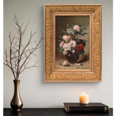 Pinturas antiguas de flores, Pequeña pintura al óleo sobre lienzo, Naturaleza muerta rosas