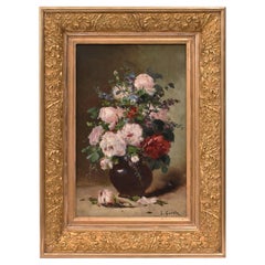 Pinturas antiguas de flores, Pequeña pintura al óleo sobre lienzo, Naturaleza muerta rosas
