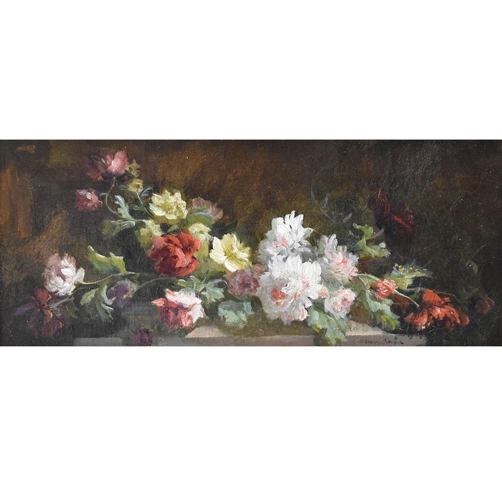 Napoleone III Quadri Antichi, Fiori Di Rose, Piccola Pittura Olio Su Tela Francese, Epoca XIX.