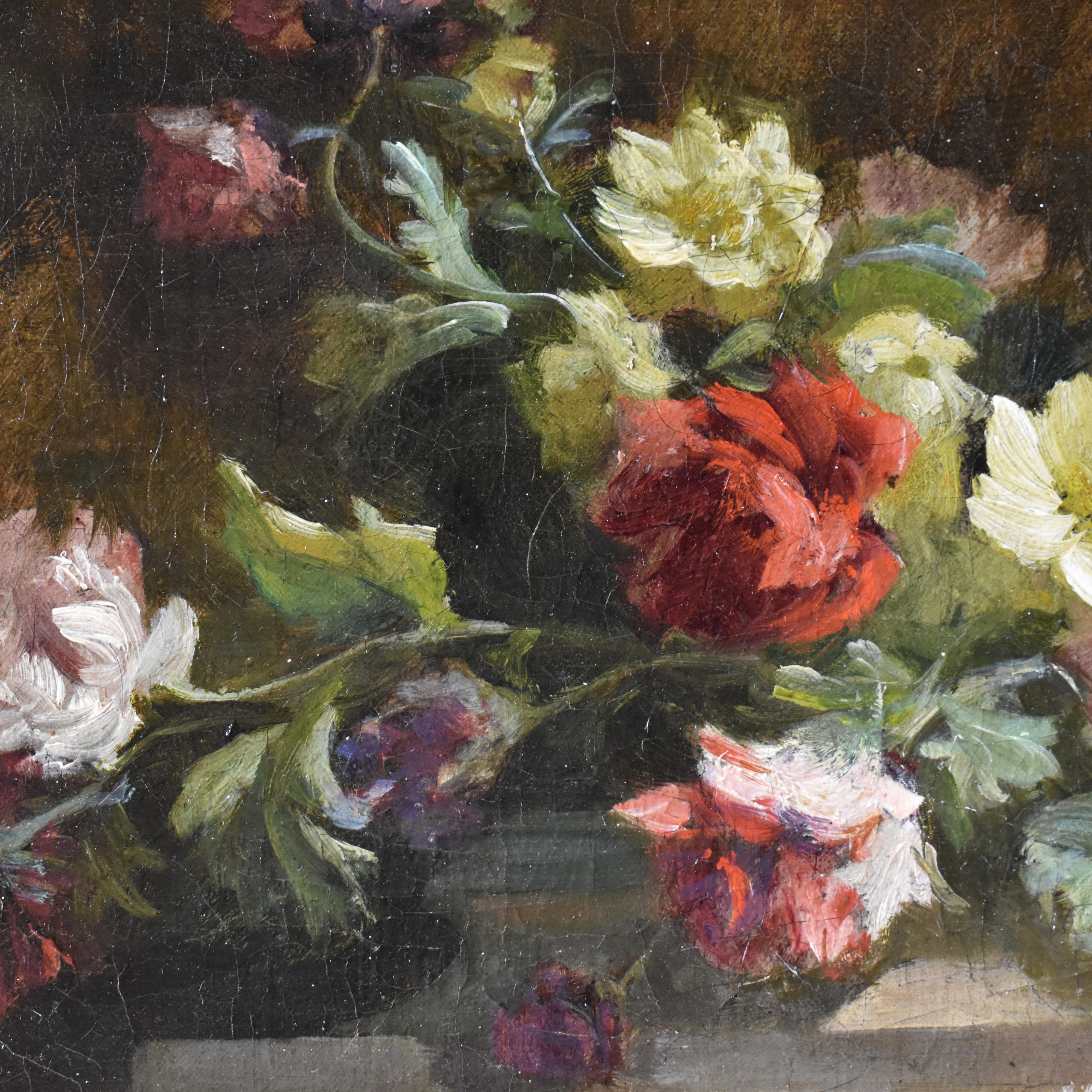 XIX secolo Quadri Antichi, Fiori Di Rose, Piccola Pittura Olio Su Tela Francese, Epoca XIX.