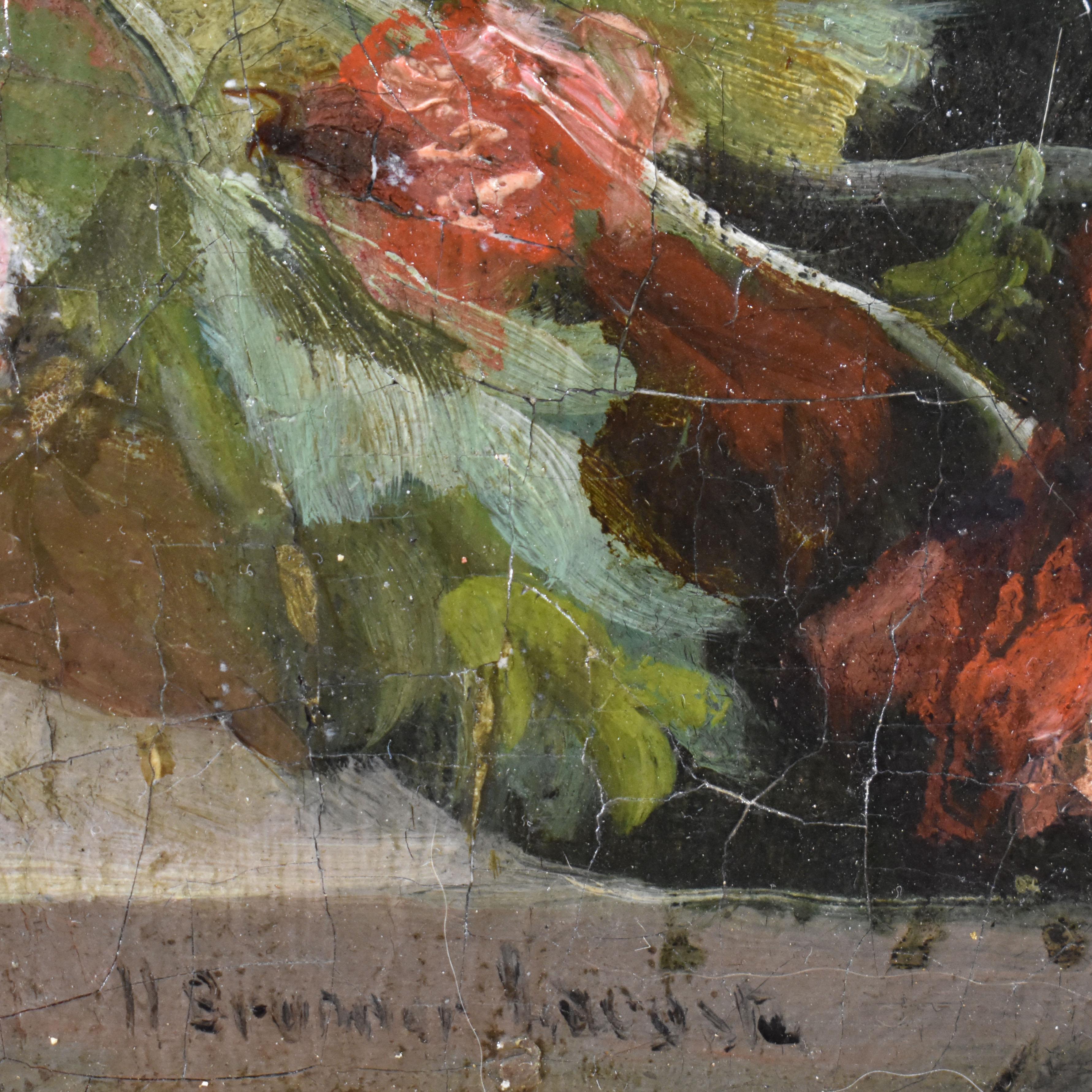 Quadri Antichi, Fiori Di Rose, Piccola Pittura Olio Su Tela Francese, Epoca XIX. 2