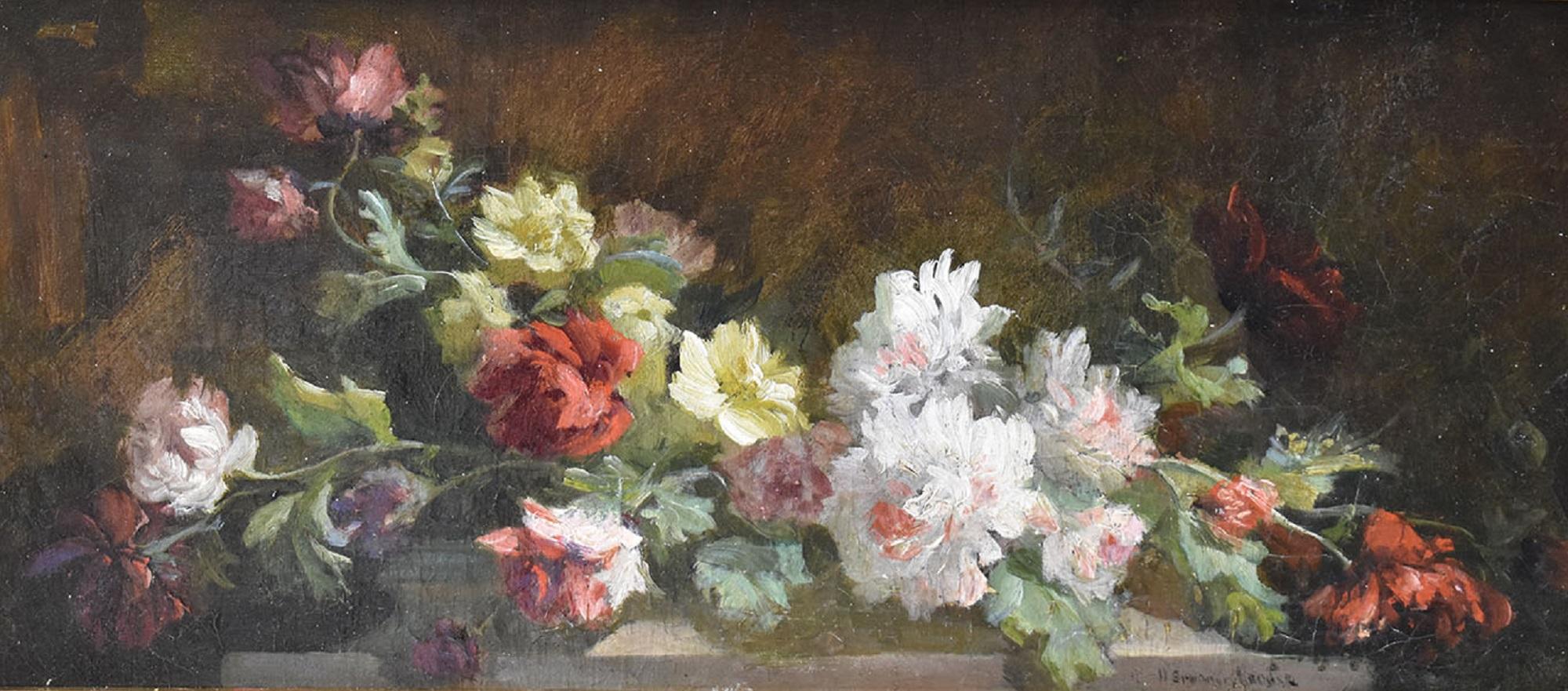 Quadri Antichi, Fiori Di Rose, Piccola Pittura Olio Su Tela Francese, Epoca XIX. 3
