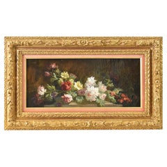 Quadri Antichi, Fiori Di Rose, Piccola Pittura Olio Su Tela Francese, Epoca XIX.