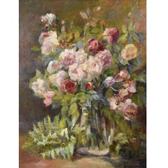Tableaux de maîtres anciens, Grande nature morte avec vase de roses, Huile sur toile, 19e siècle.