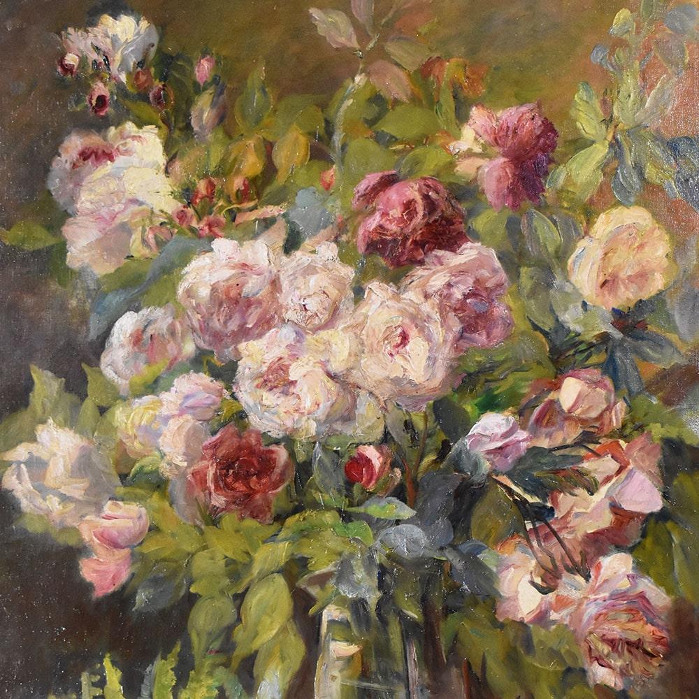 Napoleon III Antique Paintings, Large Still Life With Vase of Roses, Oil On Canvas, 19th Century.