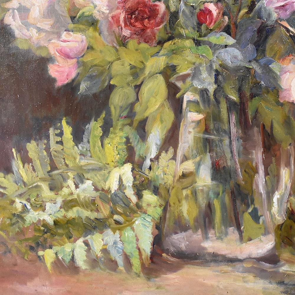 French Antique Paintings, Large Still Life With Vase of Roses, Oil On Canvas, 19th Century.