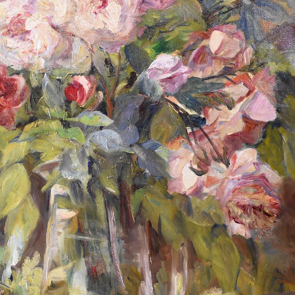 Oiled Antique Paintings, Large Still Life With Vase of Roses, Oil On Canvas, 19th Century.
