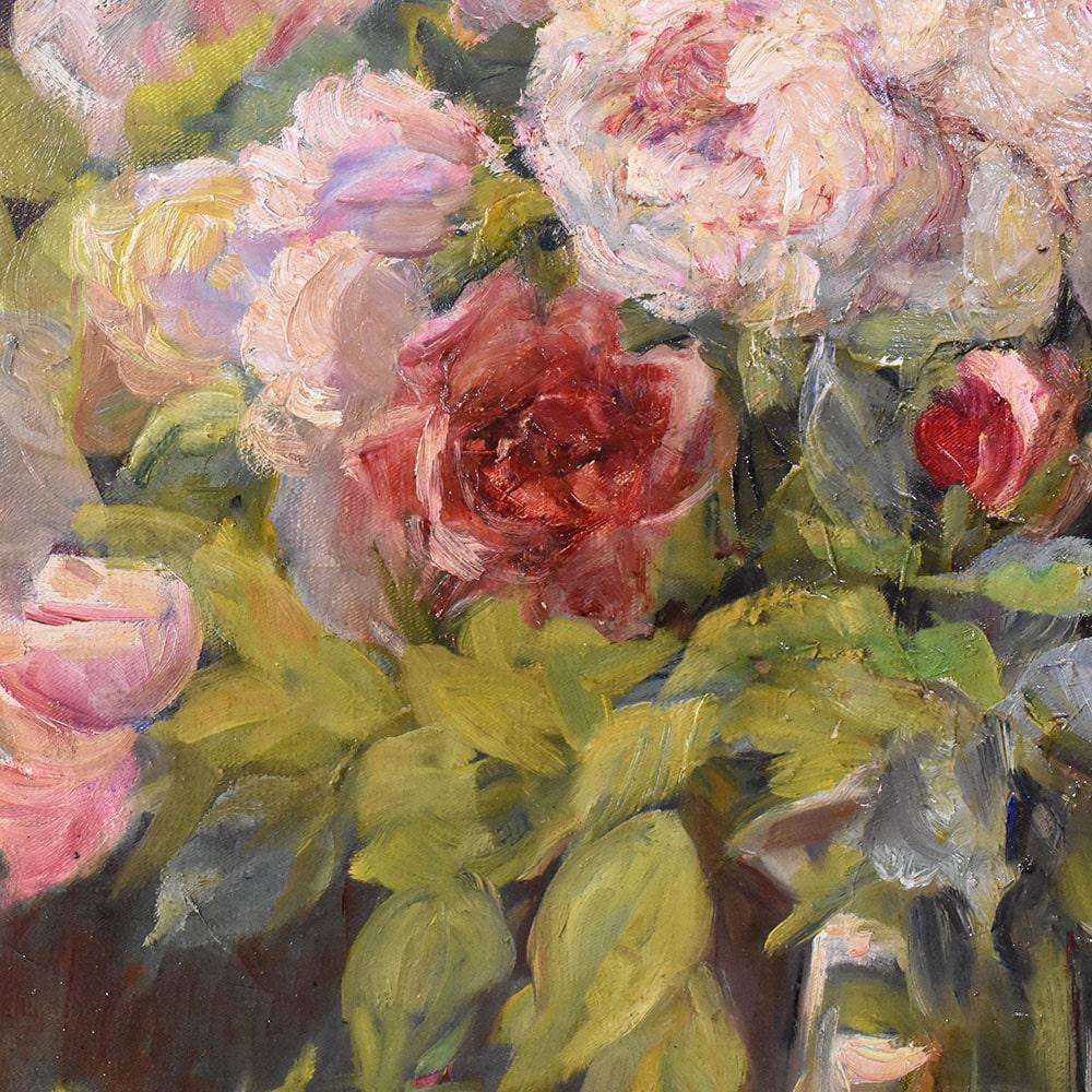 Antique Paintings, Large Still Life With Vase of Roses, Oil On Canvas, 19th Century. 2