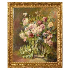 Quadri Antichi, Grande Natura Morta Con Vaso di Rose, Olio Su Tela, XIX Secolo.