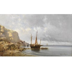 Tableaux de maîtres anciens, marine avec voilier et bateaux à voile, huile sur toile, 19e siècle.