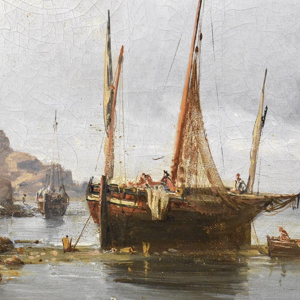Oiled Quadri antichi, Marina Con Veliero e Barche a Vela, Olio Su Tela, XIX Secolo.