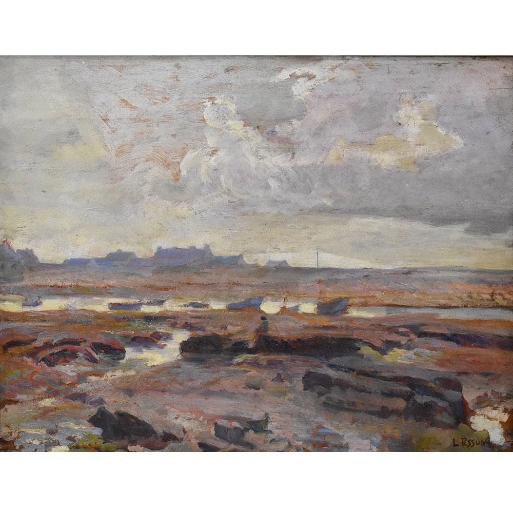Si tratta di un dipinto a olio di Marina, che rappresenta una marina con rocce e piccole barche. 

The work represents a glimpse of a rocky coastline with a village in the background.

It is an oil painting on panel from the 19th century.

The