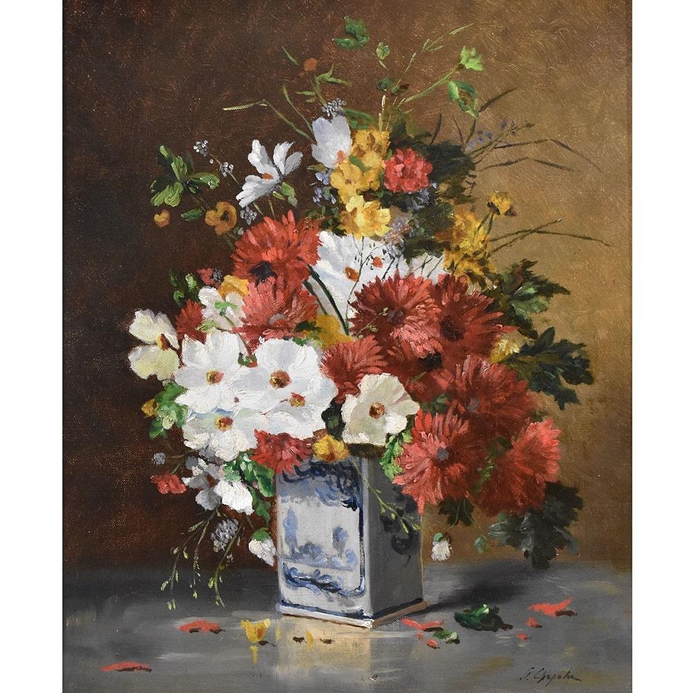 I quadri antichi Natura Morta con fiori qui proposti è una pittura ad olio su tela dell'800. 
La pittura antica veste con una bella cornice dorata in foglia di oro zecchino di epoca Ottocento. 

Si tratta di un dipinto natura morta di fiori in un