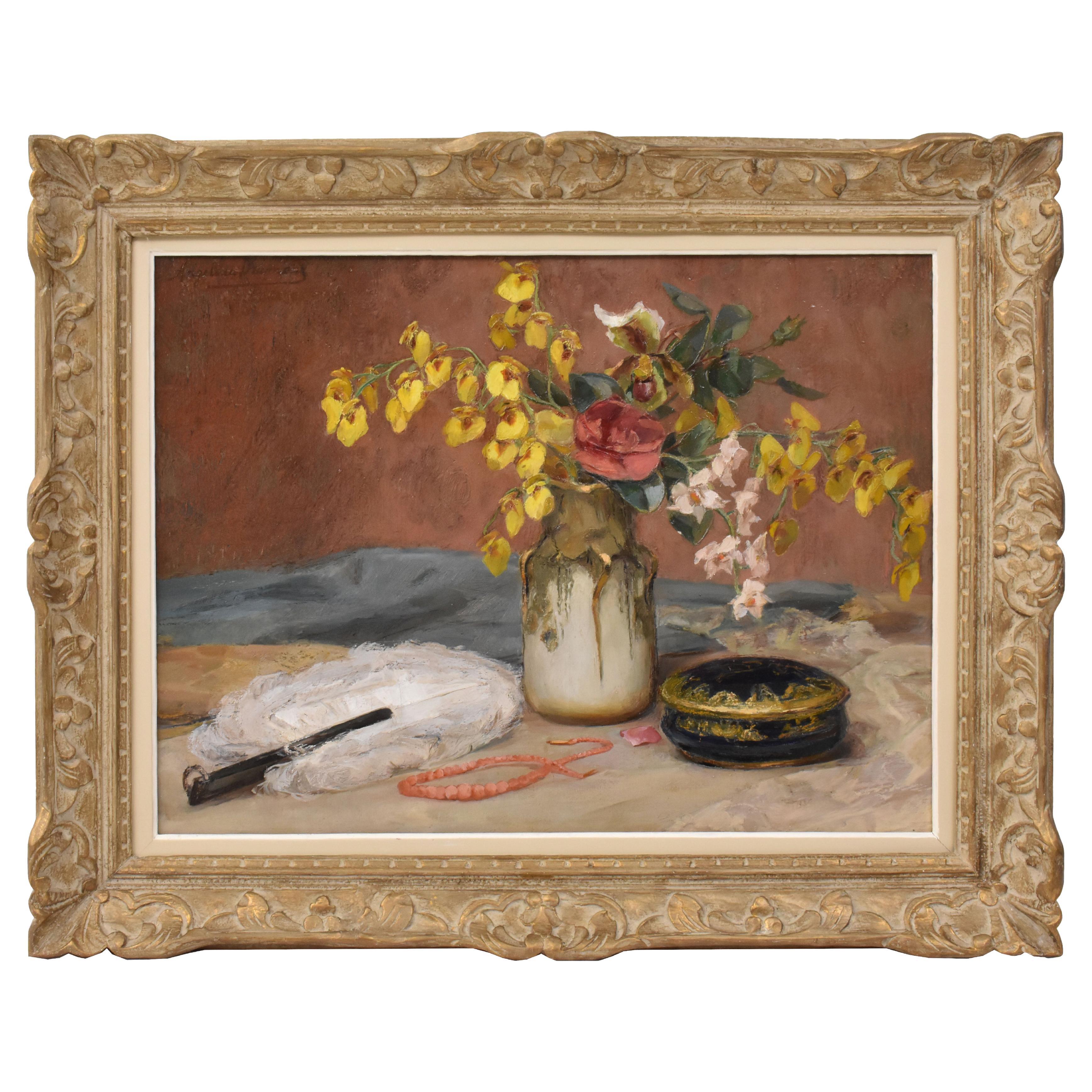 Antique Paintings, Still Life with Spring Flowers, Art Nouveau, Oil On Canvas