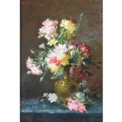 Tableaux de maîtres anciens, nature morte, fleurs avec œillets, peinture à l'huile sur toile, 19e.