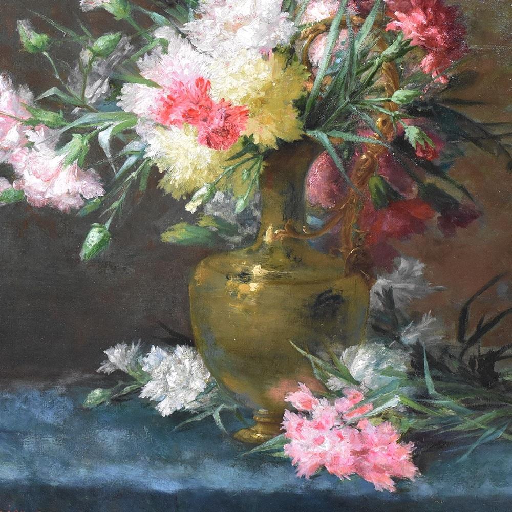 French Quadri Antichi, Natura Morta, Fiori Con Garofani, Pittura Ad Olio Su Tela, XIX.