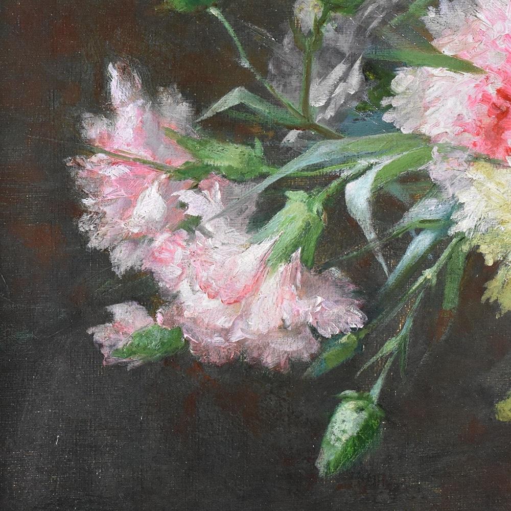 Oiled Quadri Antichi, Natura Morta, Fiori Con Garofani, Pittura Ad Olio Su Tela, XIX.